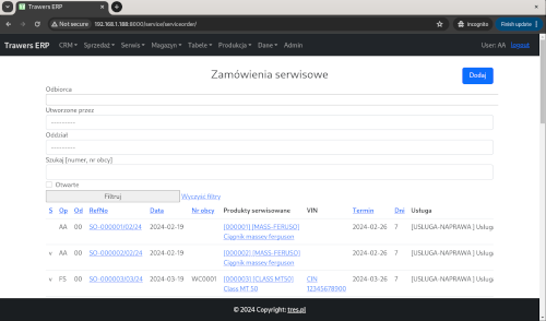 Panel zamówień serwisowych